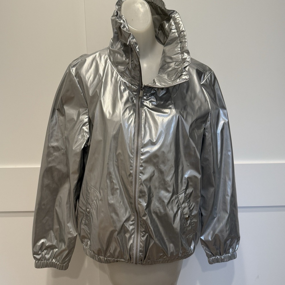 Vintage Style & Co Silver Metallic Hooded Puffer Windbreaker Jacket L Y2K